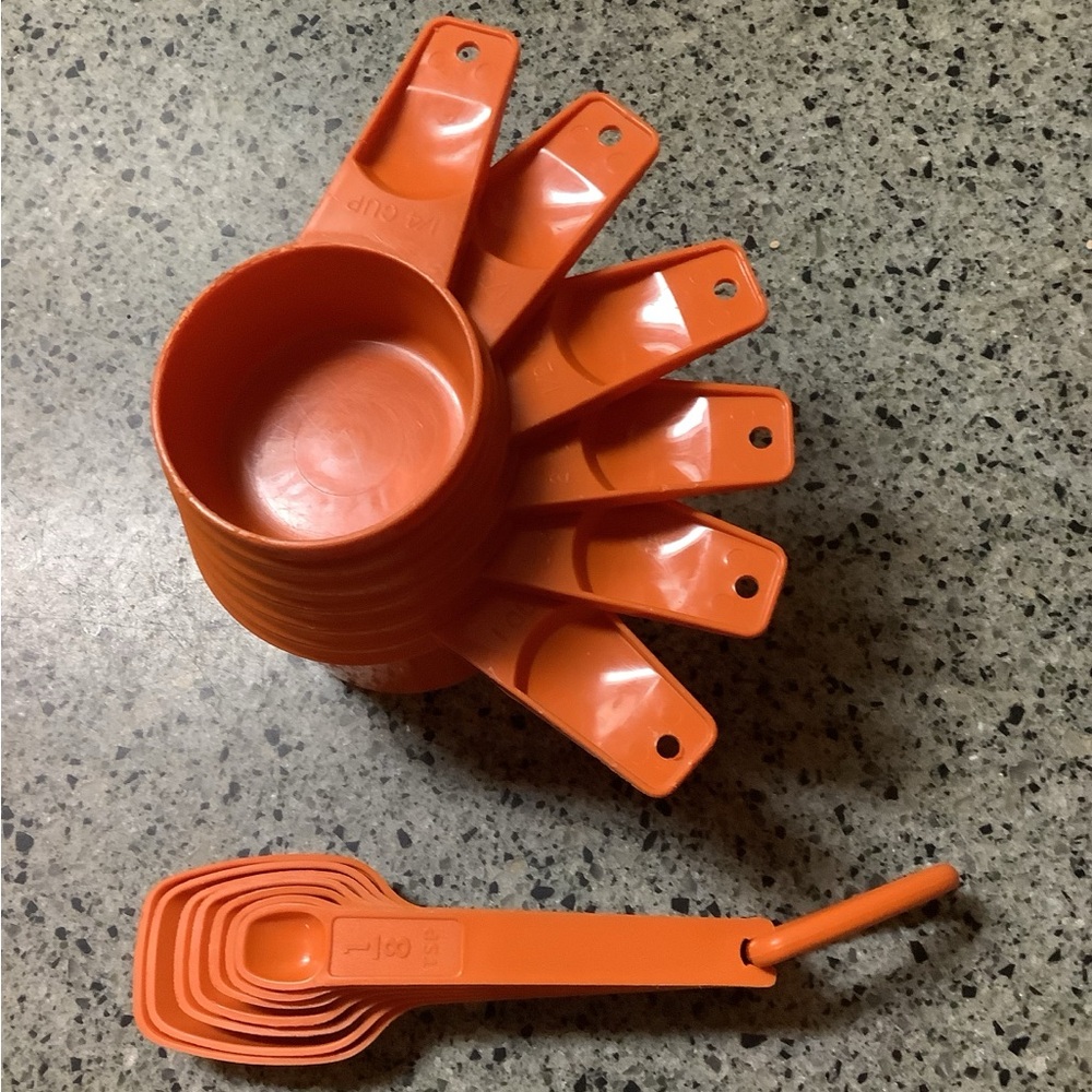 Vintage Tupperware Orange Measuring Cups & Spoons - Complete Set